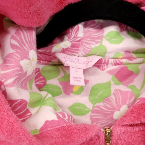 Lilly Pulitzer Full Zip Hoodie Size Large Y2K Pink Terry Cloth Jacket Pockets - Picture 4 of 12